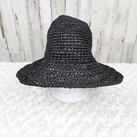 Black Wide Brim Raffia Bow Sun Hat One Size - Picture 1 of 7